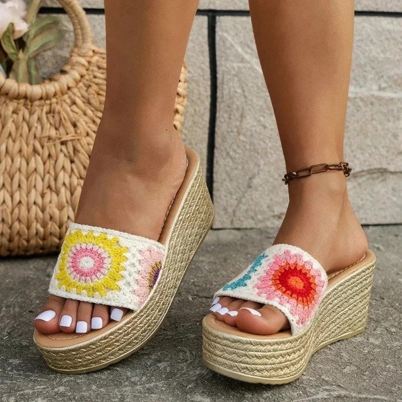 Women'S Wedge Heels Thick Bottom Colorful Braided Embroidery Beach Sandals - Picture 2 of 6